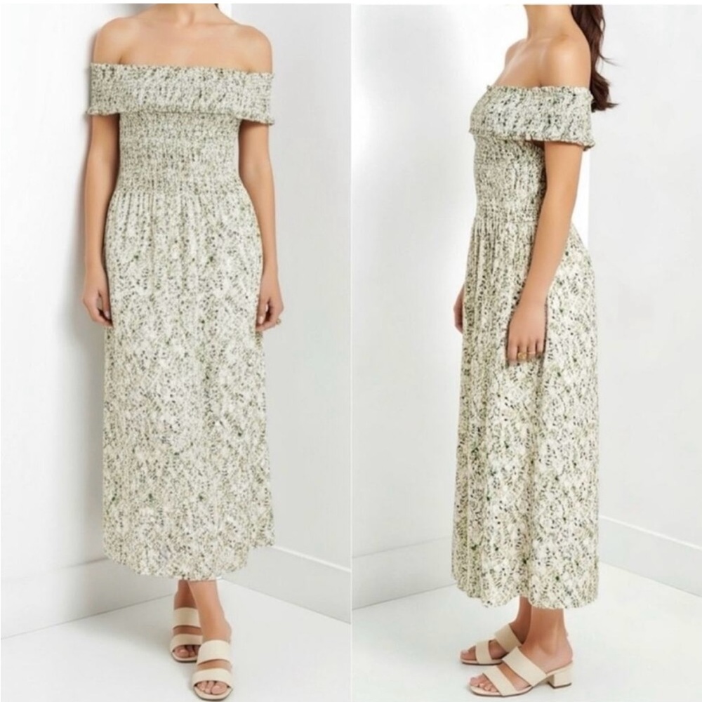 Hill House Off-Shoulder Green Floral Midi Dress